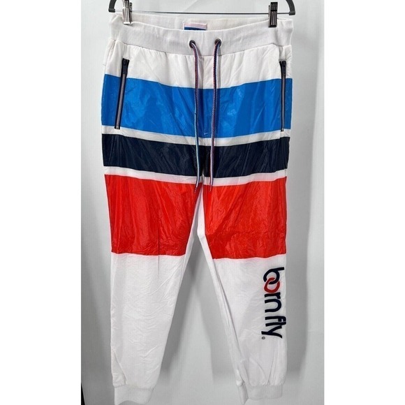 Born Fly Men's Large Anytown USA Multicolor Stripe White Track Pants Zip Pockets - Picture 1 of 6